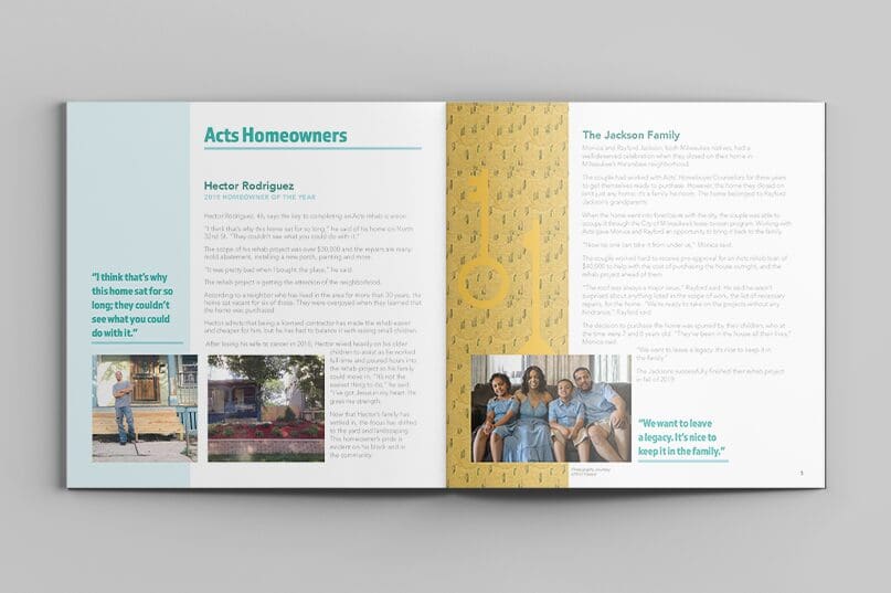 an annual report booklet opened to show 2-page spread