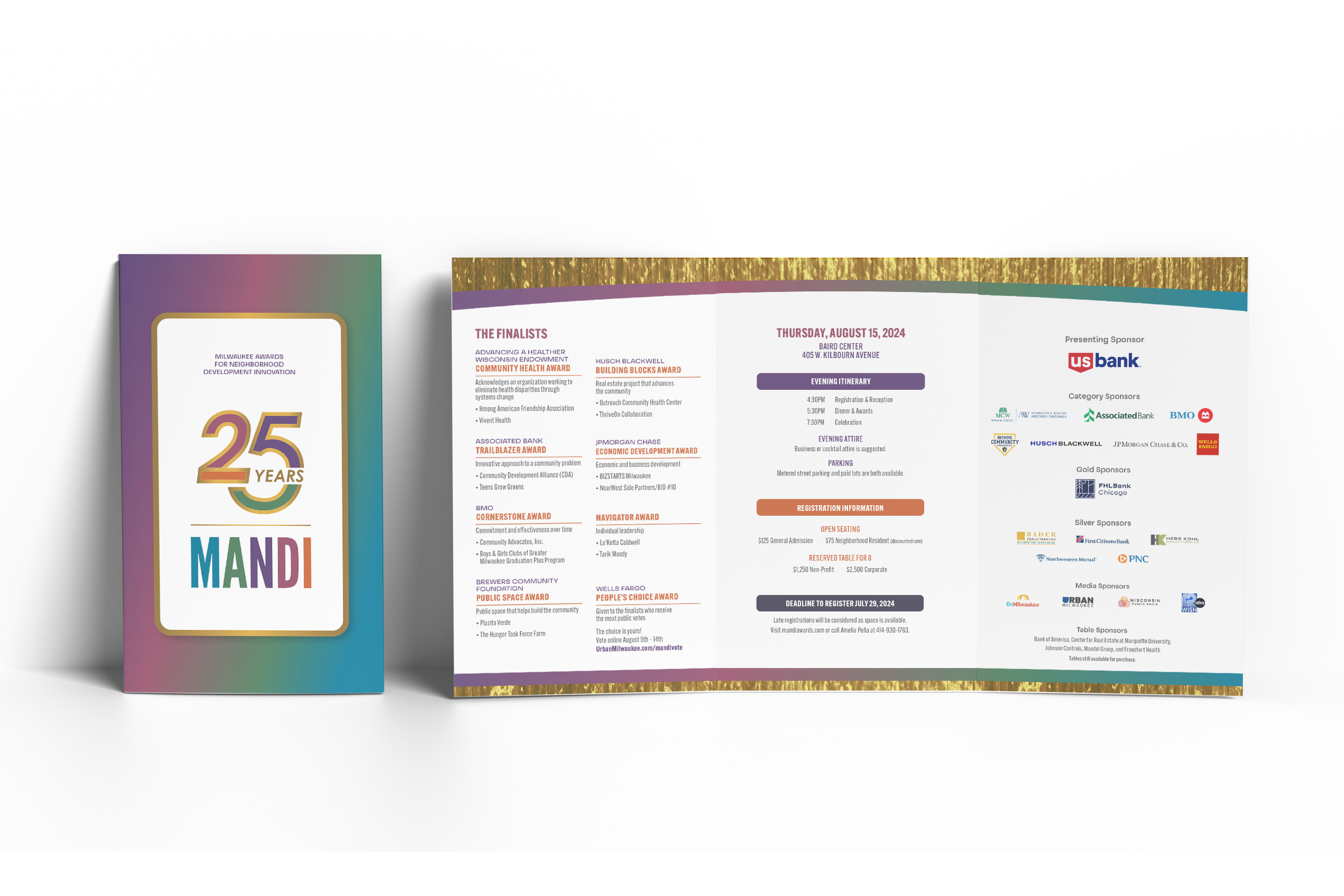 Two event brochures are shown: one with “25 Years MANDI” on the cover, and one open displaying event details, finalist lists, sponsors, and schedules—all presented in a colorful, gold-accented layout that reflects expert brand strategy and marketing finesse.