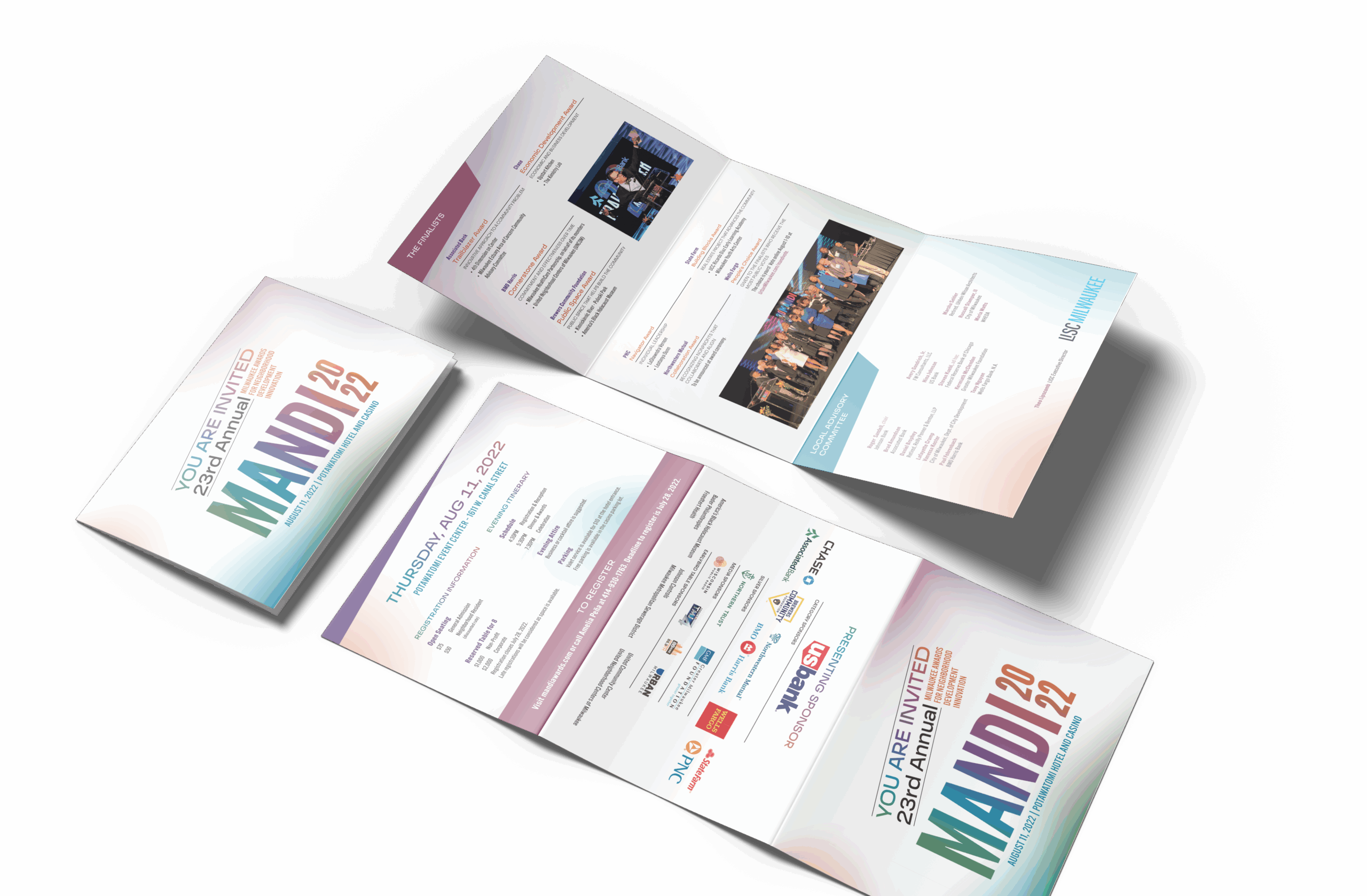 A tri-fold event brochure for MANDI 2022, featuring event details, sponsors logos, agenda, photos of people, and invitation text in pastel colors on a white background, designed to reflect the event’s brand strategy and cohesive branding throughout.