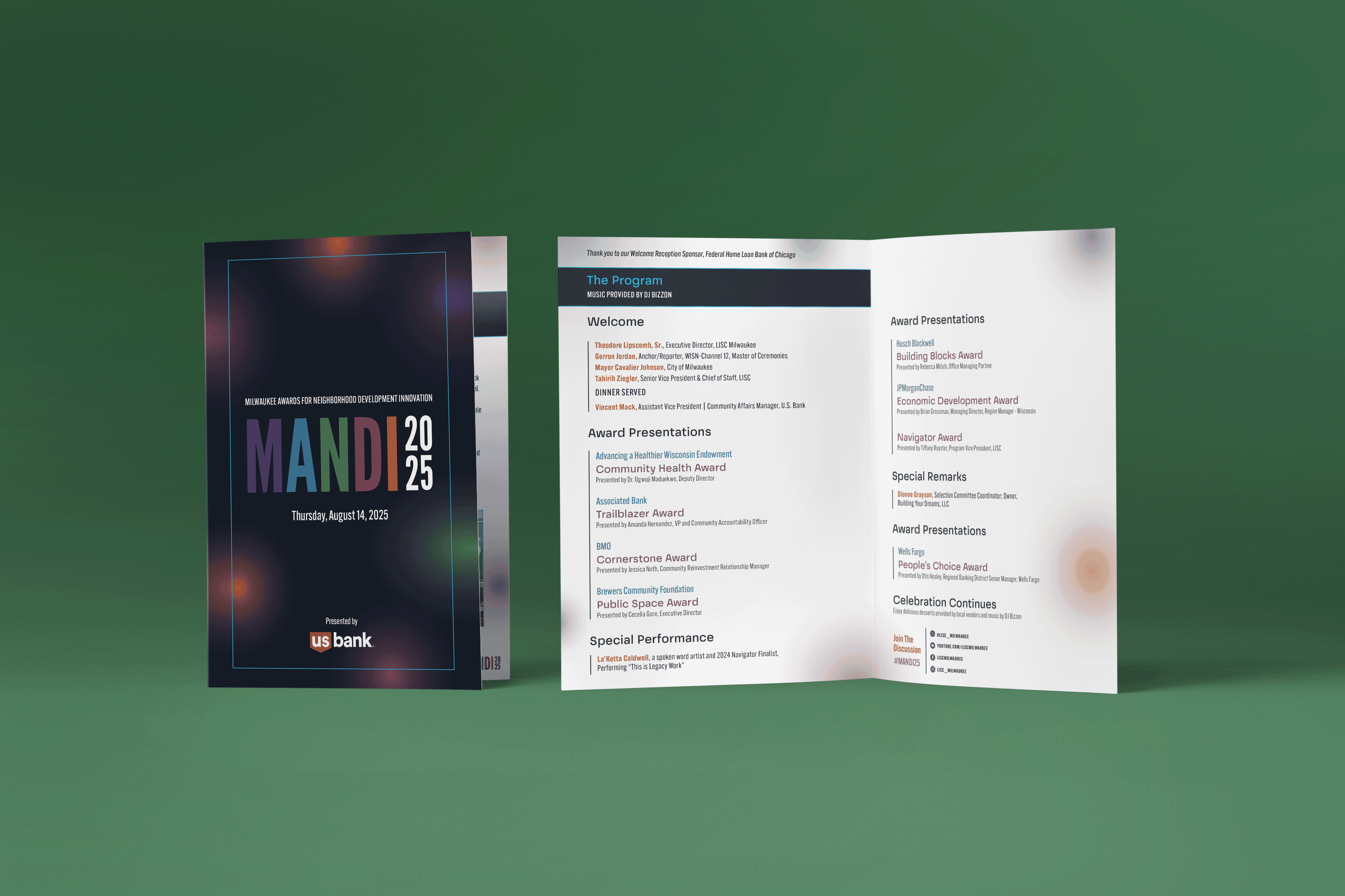 A 2025 MANDI awards event program is shown, featuring a colorful cover and an open page listing the ceremony schedule, award presentations, and special performances on a green background—highlighting the event’s focus on innovative brand strategy and marketing excellence.