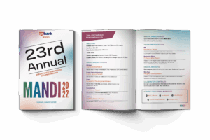 A trifold program booklet for the 23rd Annual MANDI 2022 awards, thoughtfully designed to reflect the event’s branding. Inside pages feature the event schedule, award presentations, and special performances, all presented with a cohesive brand strategy that unifies the look and feel of this prestigious occasion.
