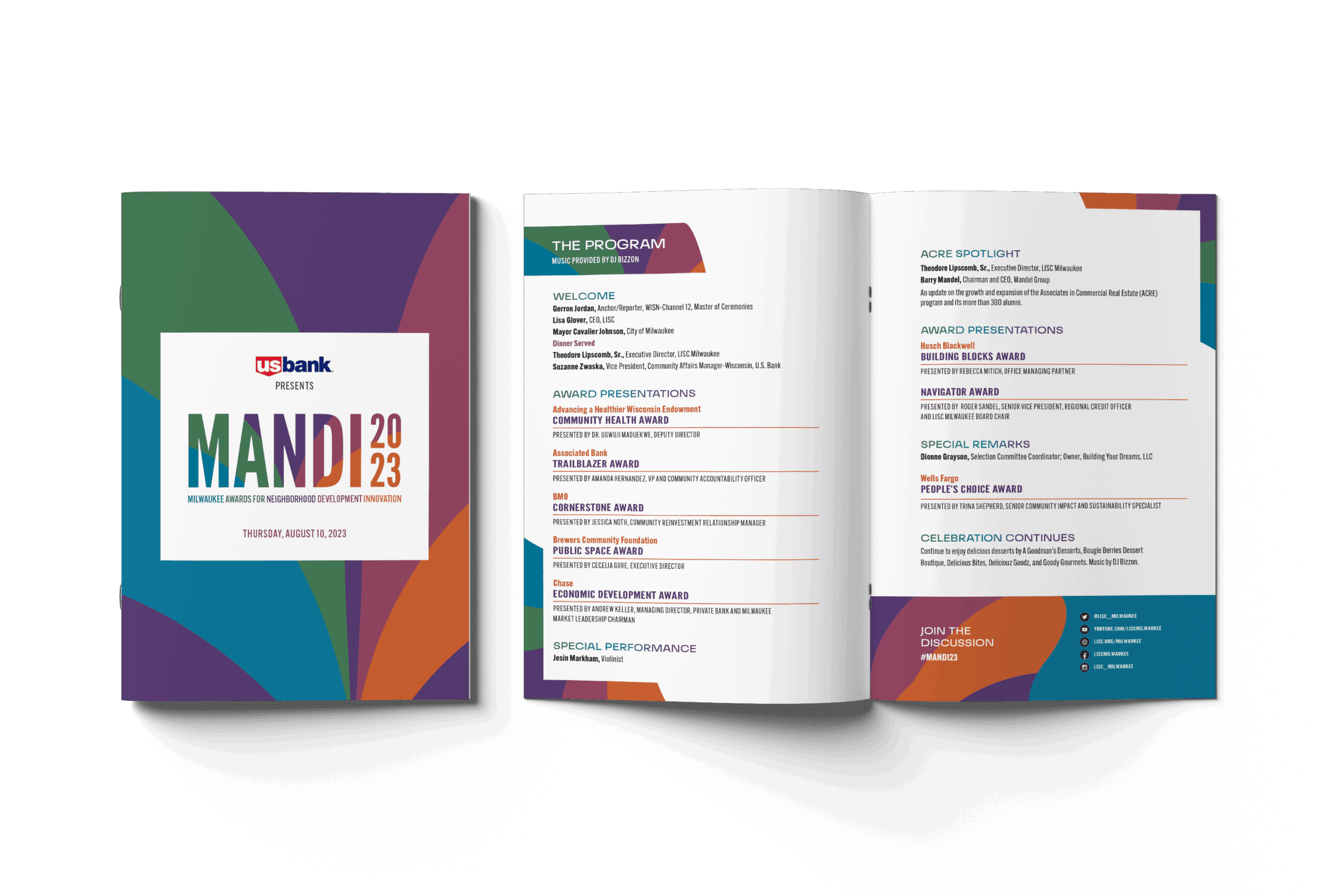 Colorful MANDI 2023 event brochure for US Bank featuring event date, program schedule, award presentations, special performance, and celebration details—all thoughtfully designed to reflect the brand’s marketing strategy—displayed both closed and open on a white background.