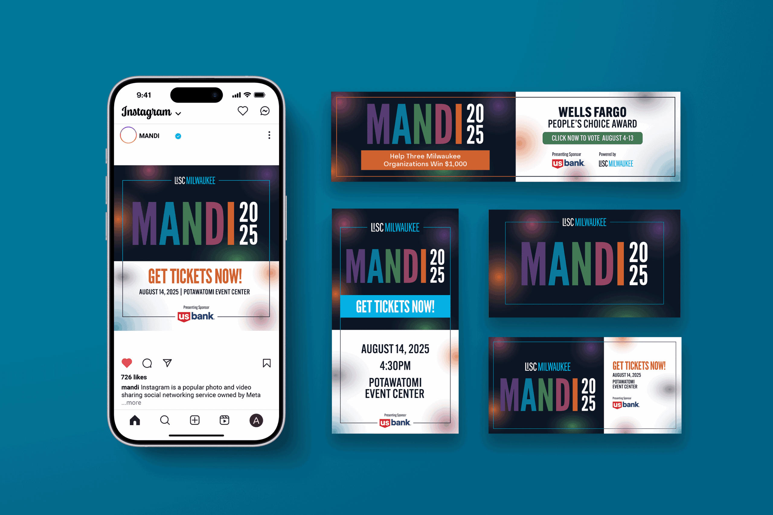 Colorful digital banners and a mobile Instagram post promoting MANDI 2025 with event details, sponsor logos, and a “Get Tickets Now!” button, all set against a blue background—perfect for elevating your marketing strategy and enhancing brand visibility.