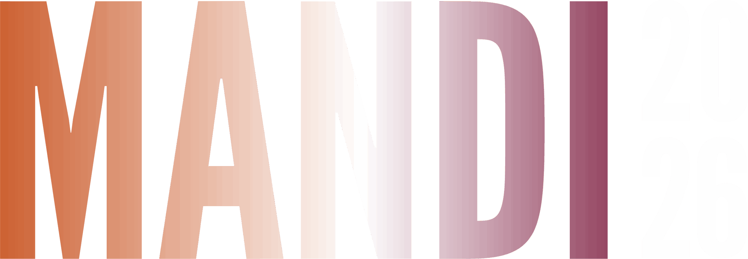 Large, gradient-colored text spells MANDI with 2026 in smaller, faded white numbers vertically on the right, creating a visually striking brand presence. The light gray background enhances the overall branding strategy by keeping the focus on the bold typography.