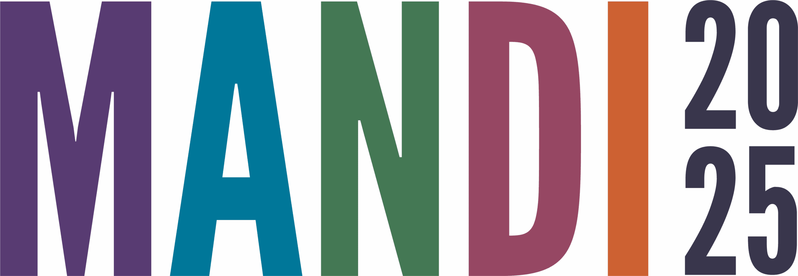Text logo with MANDI in large, bold, colorful letters (purple, blue, green, maroon, orange) and 2025 in black stacked vertically to the right. Perfect for eye-catching branding and marketing strategy materials. White background.