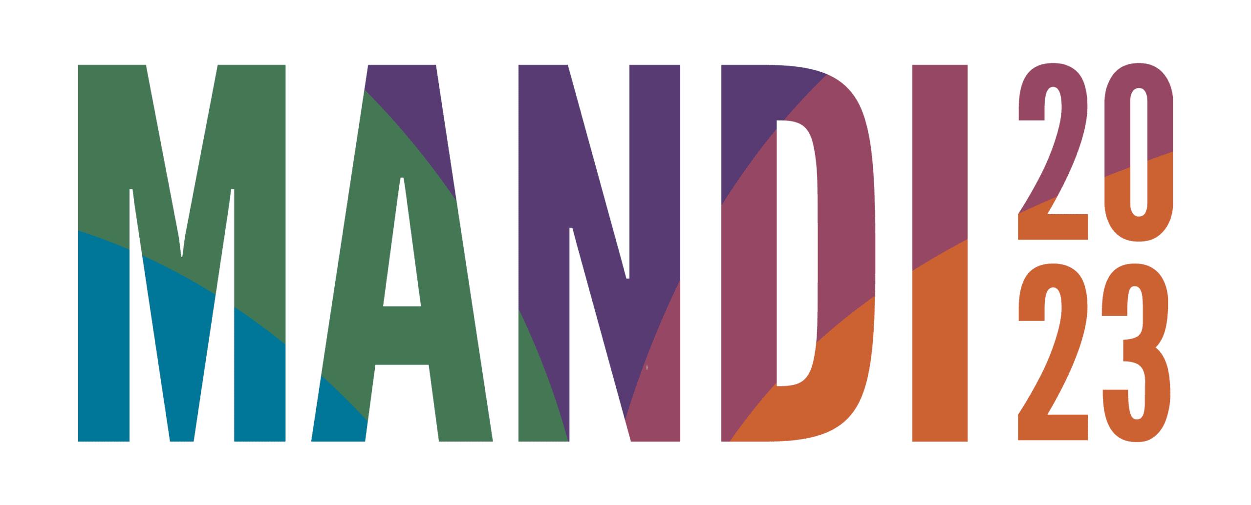 The image shows the word MANDI in large, colorful letters with 2023 in orange on the right, highlighting a vibrant brand strategy. The background is white.