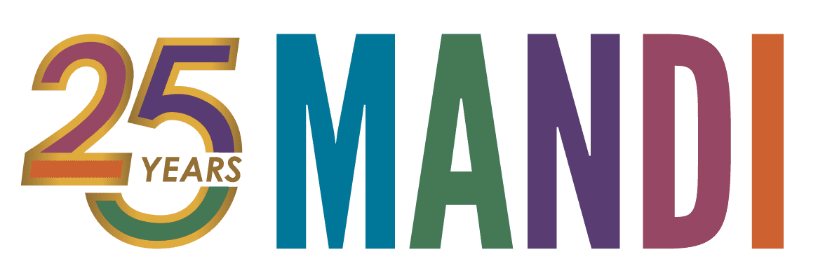 Logo with 25 YEARS in gold and rainbow gradient, next to MANDI in large, colorful letters—each a different color: blue, green, purple, and red—on a white background. This vibrant design captures the essence of powerful branding and celebrates a significant milestone in the brand’s journey.