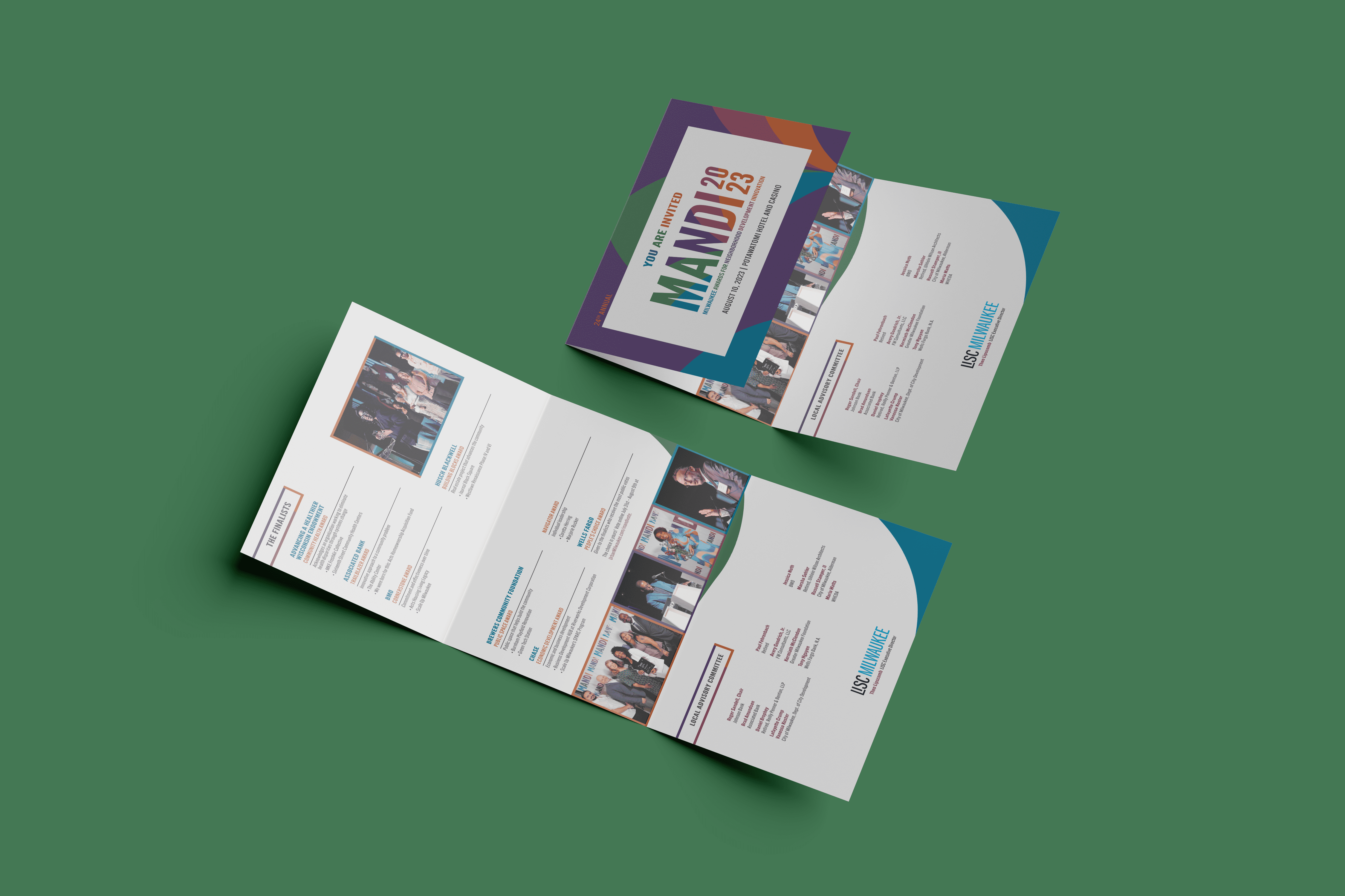 Two tri-fold brochures with colorful headers and photos of groups of people on a green background; the layout highlights effective branding, with clear text sections that are visible but not readable.
