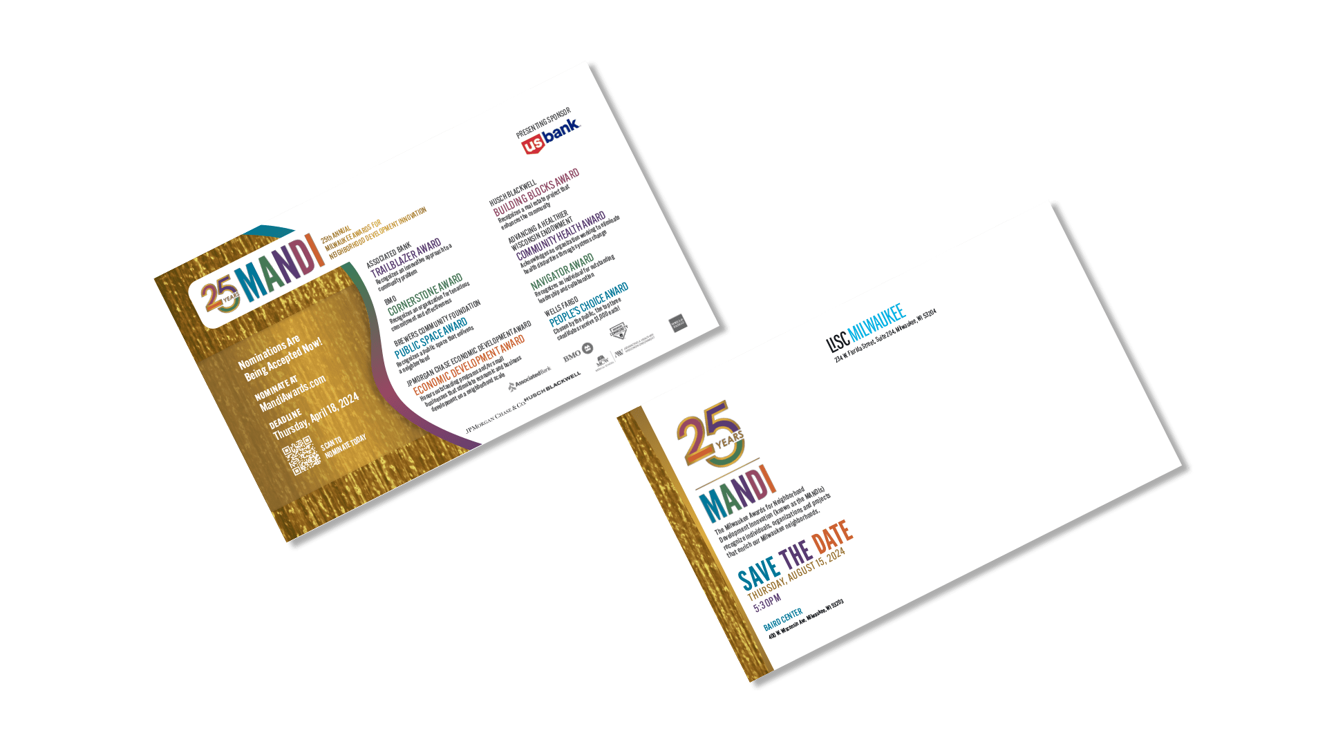 Two colorful event postcards on a white background, featuring bold “25 MANDI” text, event details, sponsor logos, and a gold border—a perfect example of thoughtful branding. One postcard is front-side up; the other shows the back with address lines.