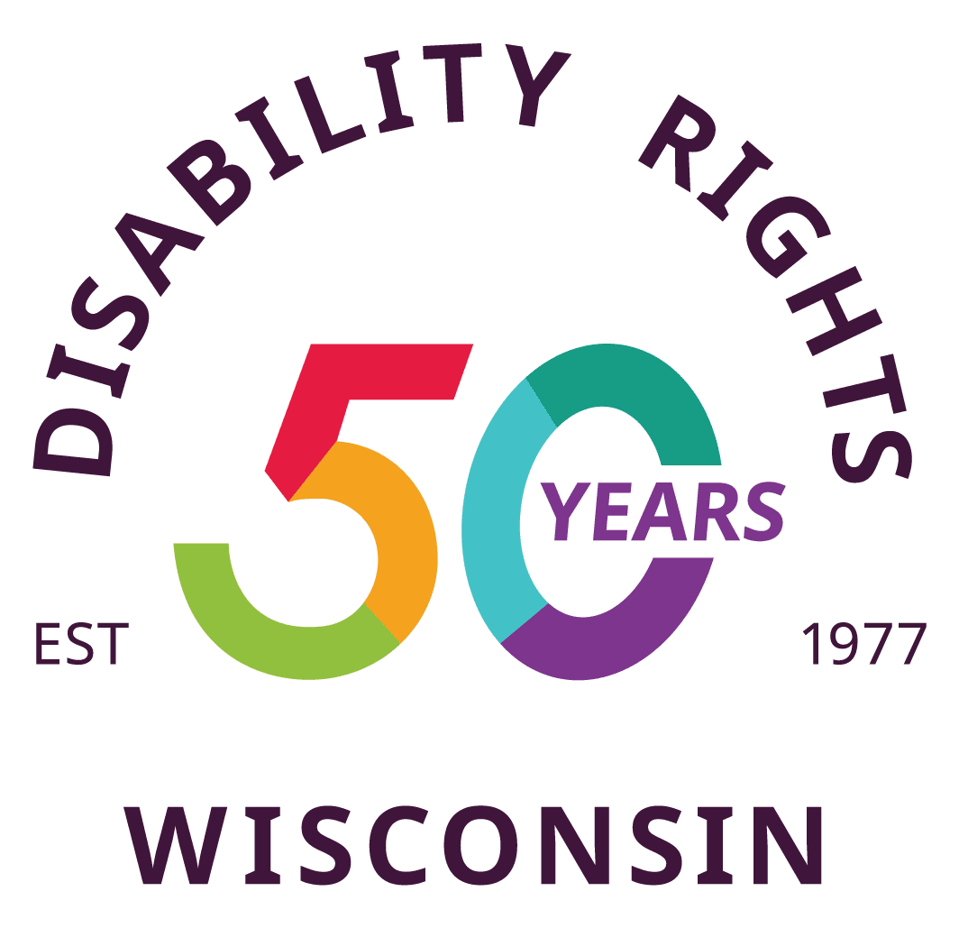 Disability Rights Wisconsin 50 years logo with colorful 50 and years in the center, EST 1977 on the sides, and organization name in purple letters above and below.