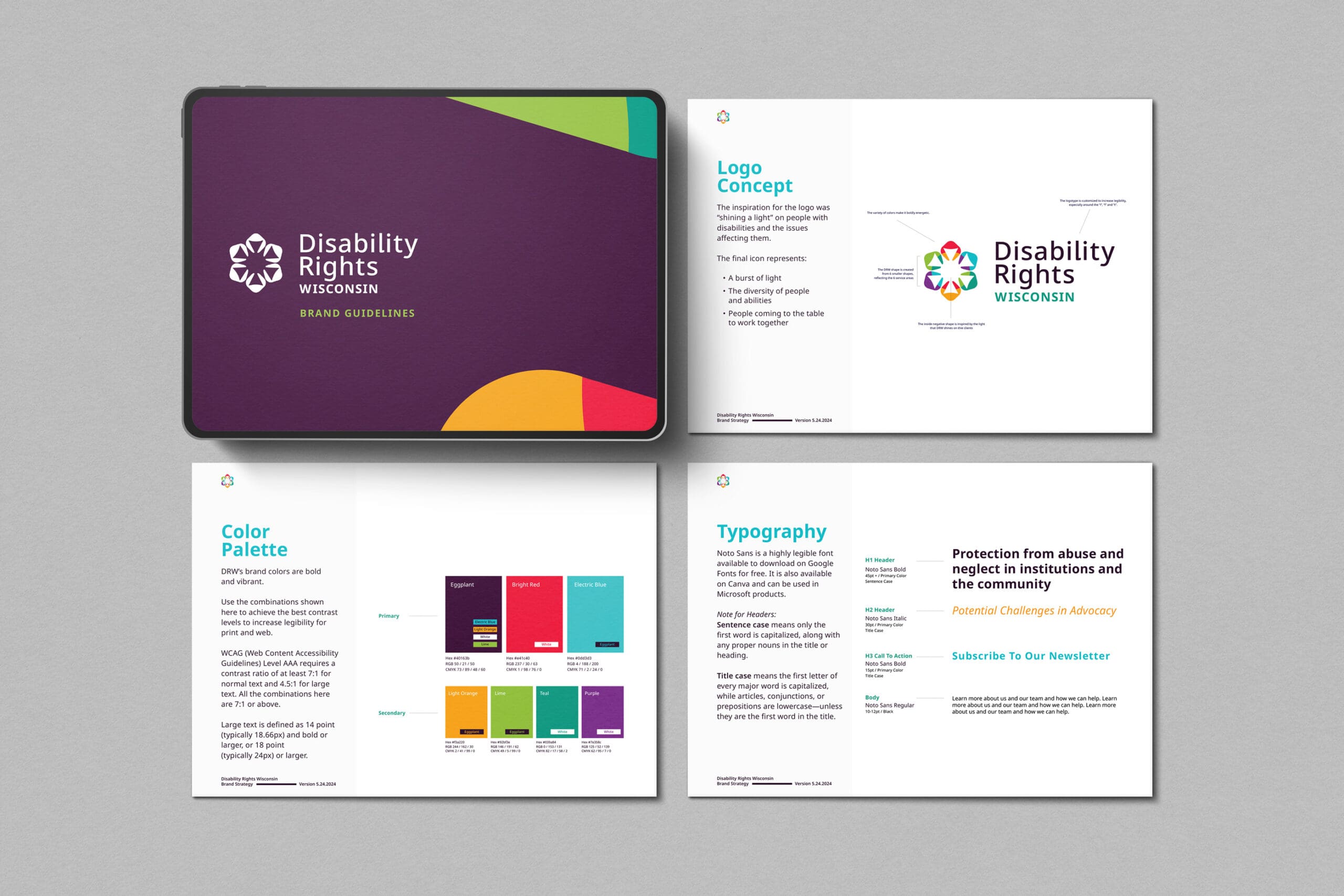 Four pages of Disability Rights Wisconsin brand guidelines, displaying the logo, color palette, typography, and logo concept on a gray surface. The main page features the logo and colorful geometric shapes in the corners.