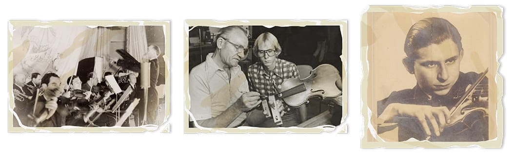 Three sepia photos: a group of musicians playing strings, two people inspecting a violin, and a young person holding a violin and bow in a portrait pose.